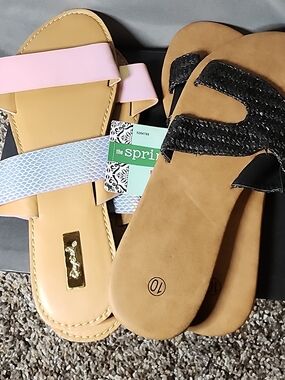 Qupid Flat Sandal Duo with Iridescent Pink-Blue Strap and Black Woven Pair
